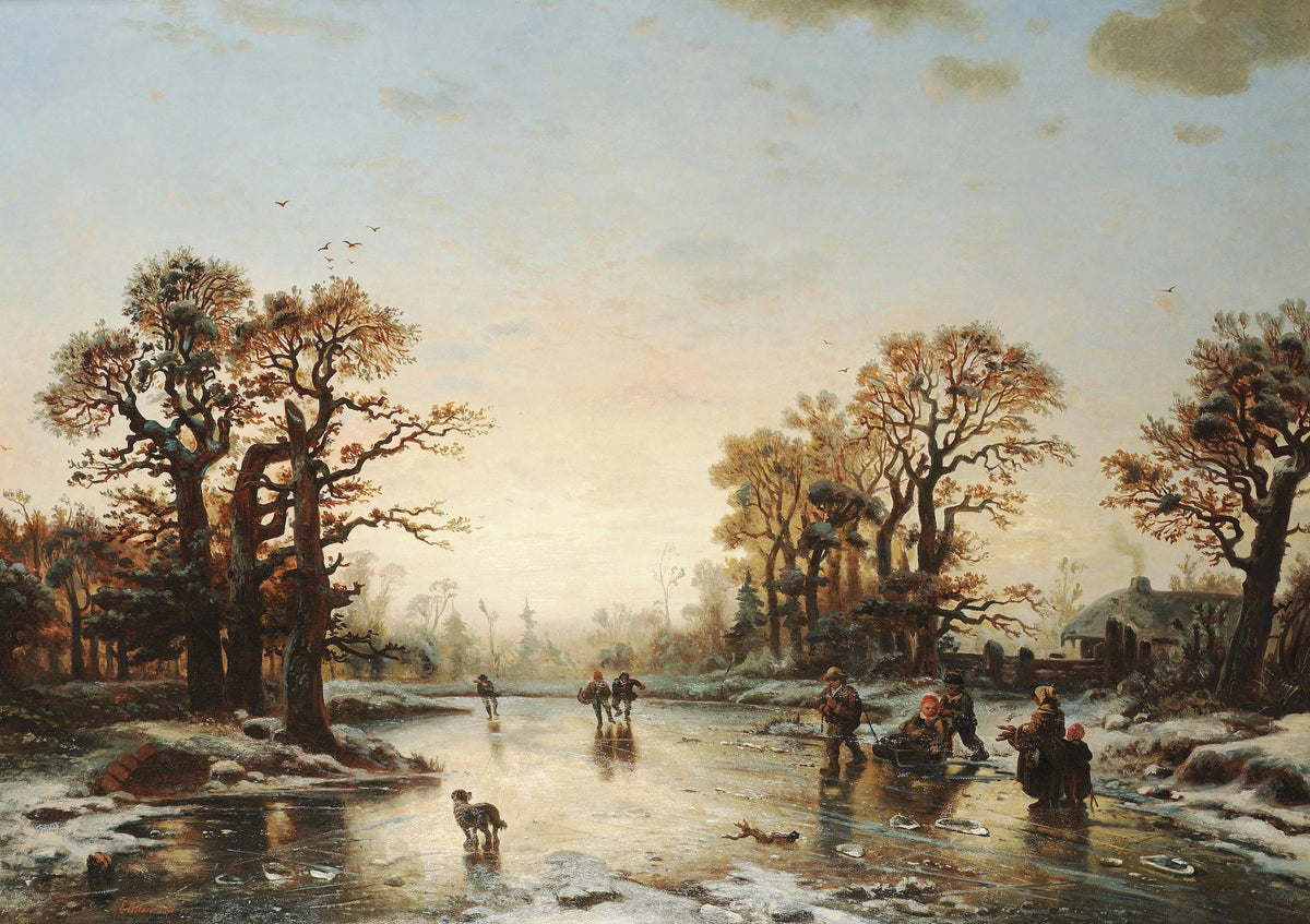 Hand-painted winter skaters on frozen river landscape oil painting on canvas
