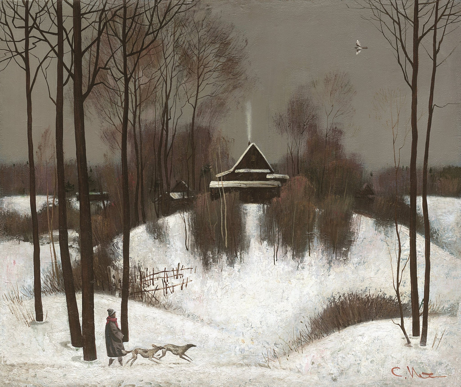 Landscape Oil Painting - Winter Snowscape: Figure, Hounds & Wood Cabin - Oil Painting Haven