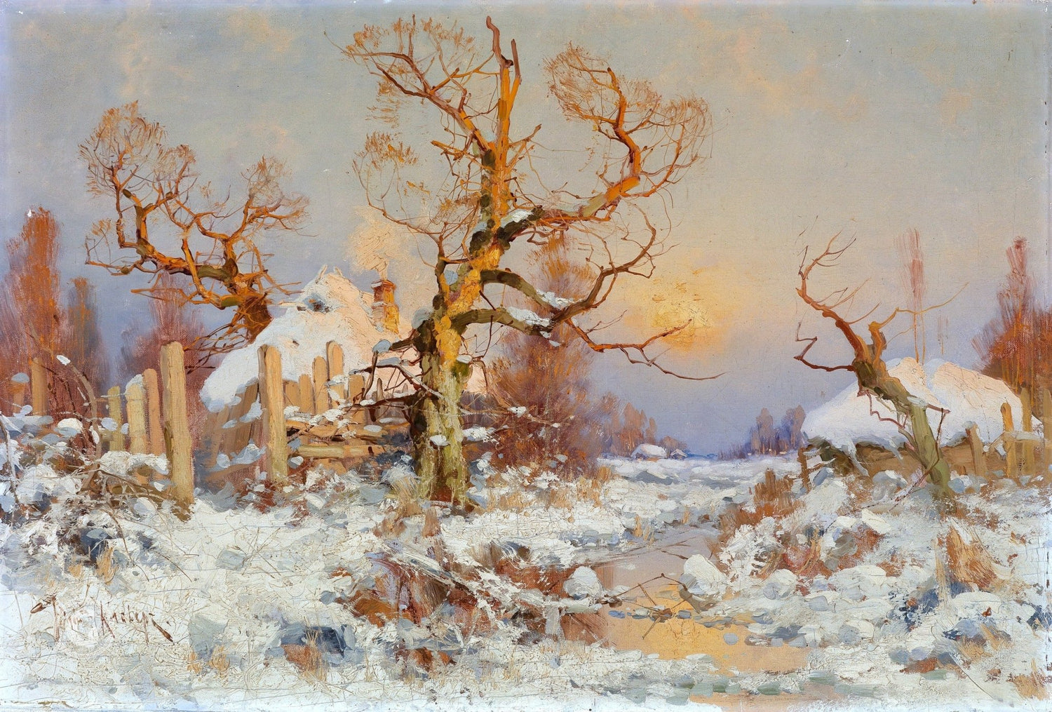 Landscape Oil Painting - Winter snowscape & glowing sunset - Oil Painting Haven