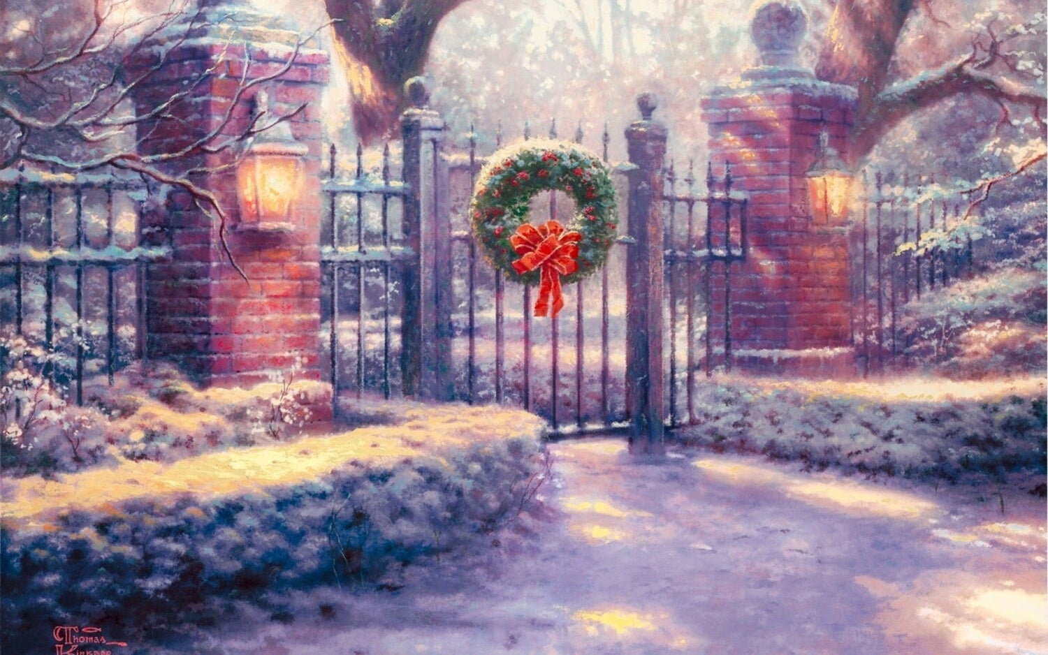 Landscape Oil Painting - Winter Snowy Iron Gate With Christmas Wreath - Oil Painting Haven