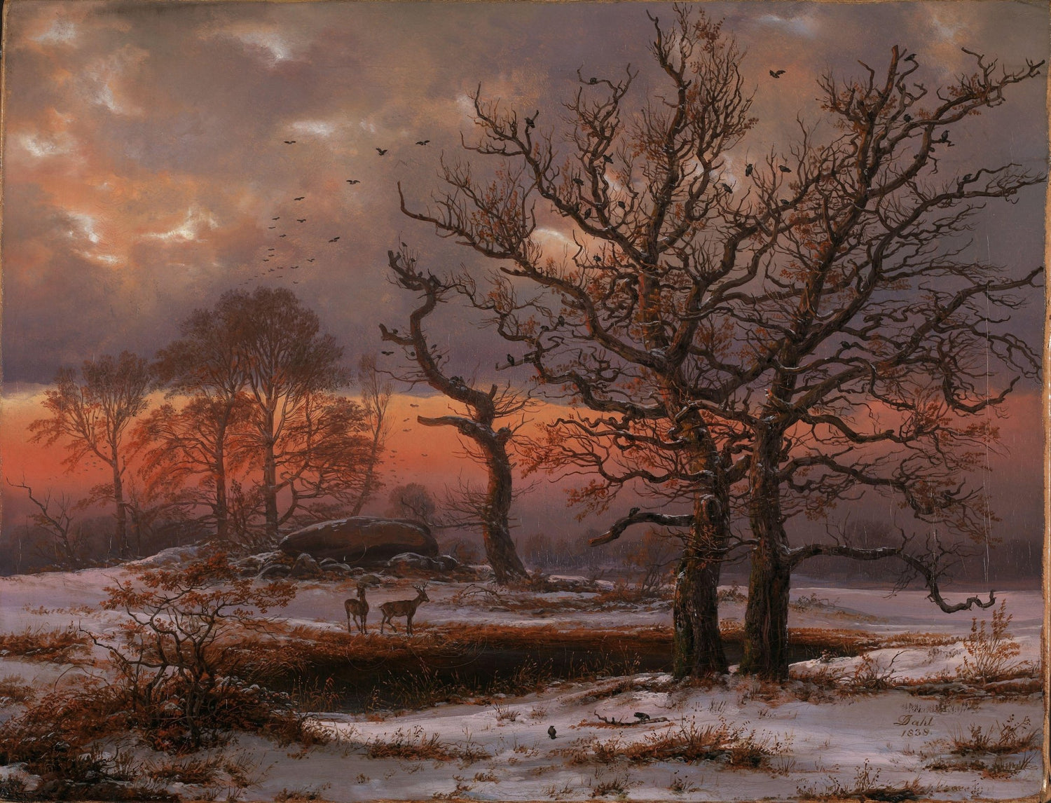 Hand-painted winter sunset with bare trees and deer landscape oil painting on canvas