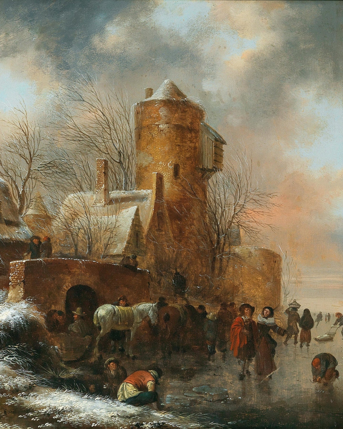 Hand-painted winter tower and frozen canal scene landscape oil painting on canvas