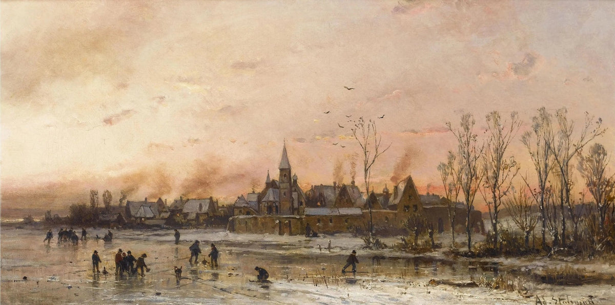 Winter village landscape oil painting on canvas with skating figures near frozen river, hand painted with textured brushwork . - Add Frame, Architecture, Canvas, Figure, Forest, Hand Painted, Landscape, Made To Order, Oil Painting, Sunset, Village, Winter