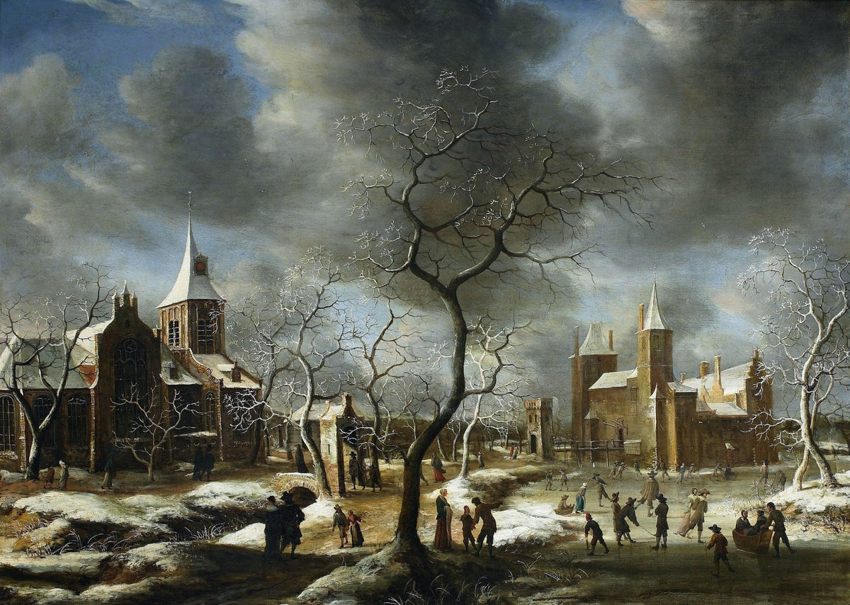 Hand-painted winter town with skaters and church landscape oil painting on canvas