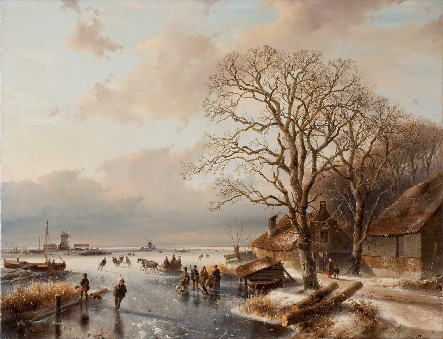 Hand-painted winter village by a frozen canal landscape oil painting on canvas