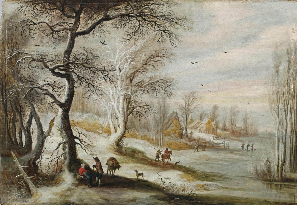 Hand-painted winter village by frozen pond landscape oil painting on canvas