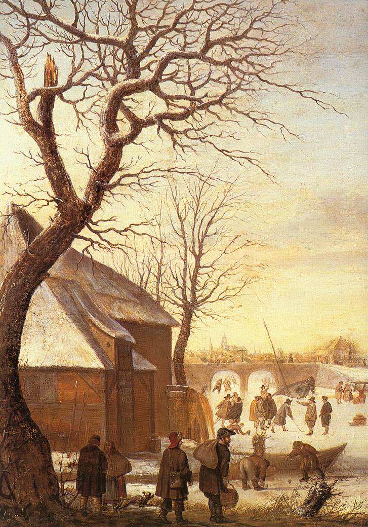 Hand-painted winter village by the frozen canal landscape oil painting on canvas