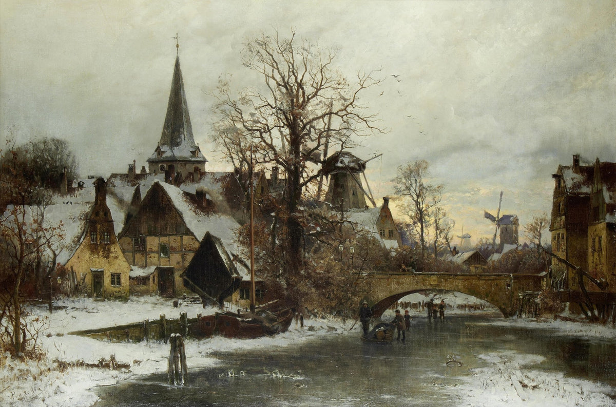 Hand-painted winter village canal, bridge and windmill landscape oil painting on canvas