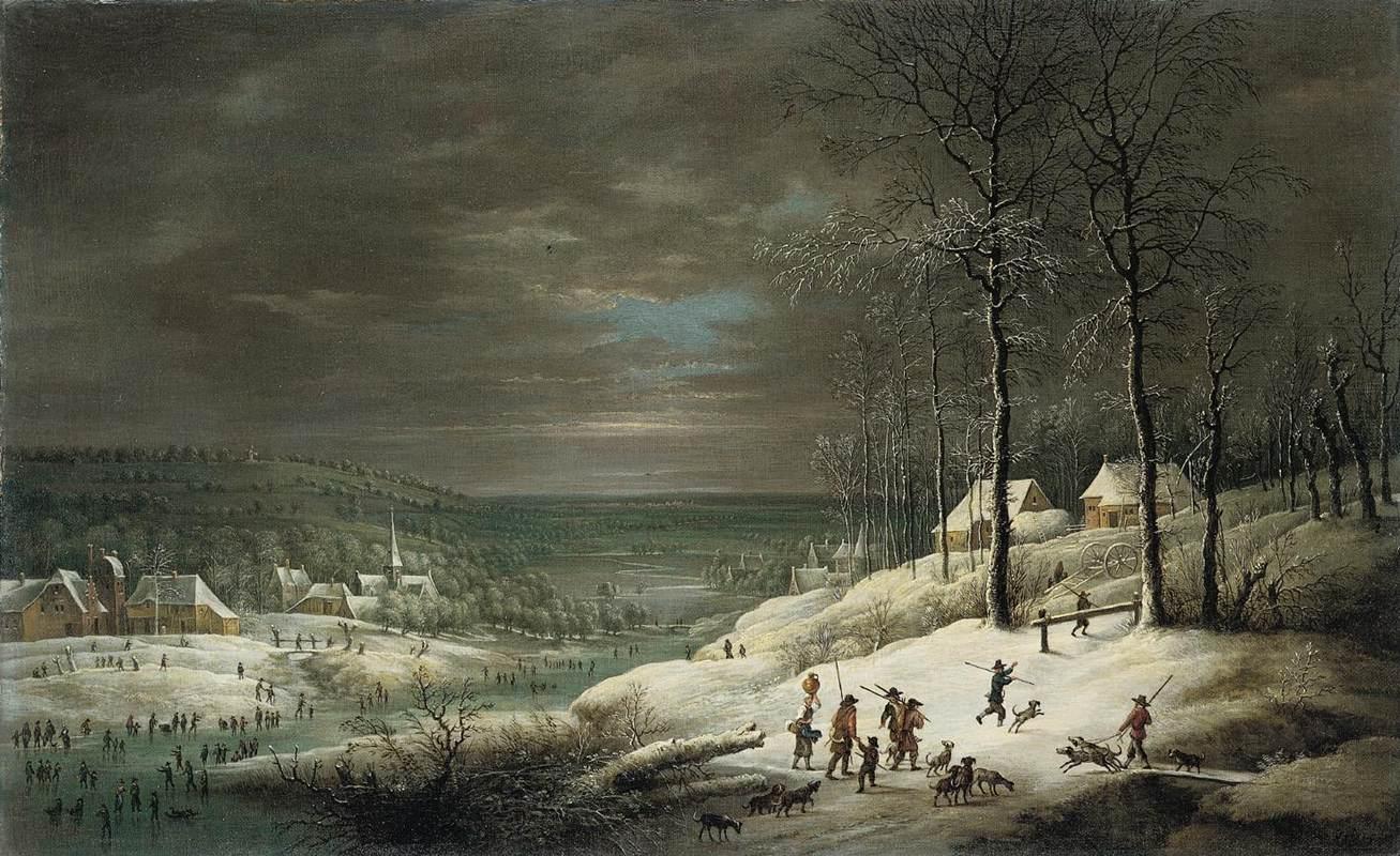 Hand-painted winter village ice skating scene landscape oil painting on canvas