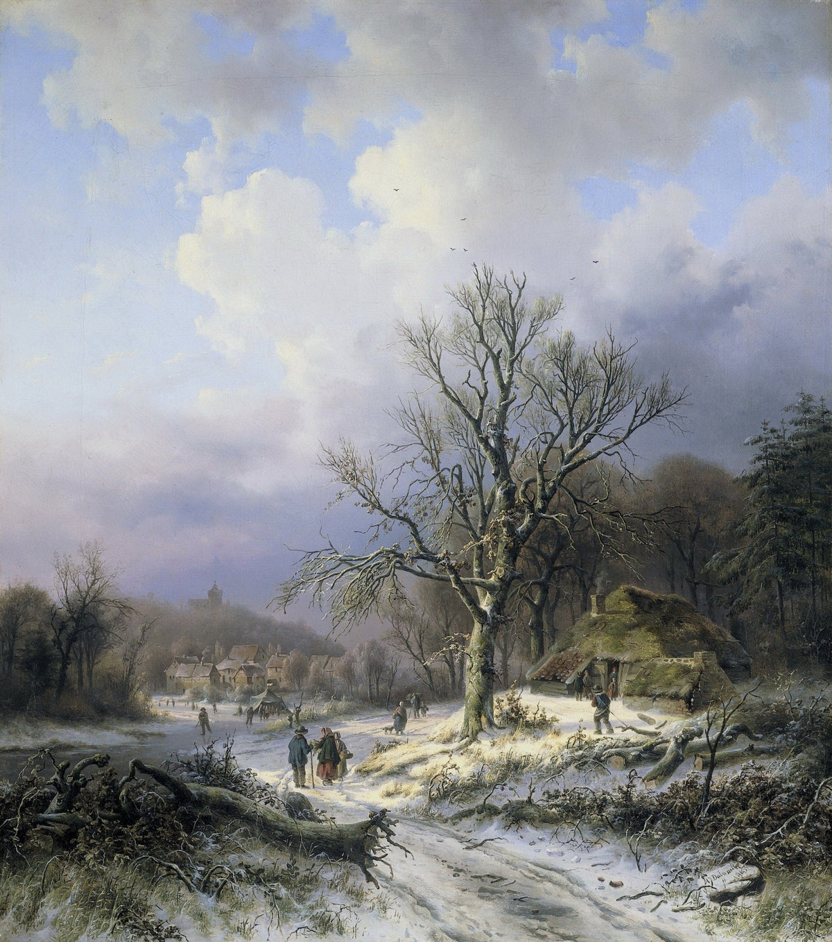 Hand painted landscape oil painting on canvas of a winter village path with textured brushwork, bare tree foreground, snowy. - Add Frame, Canvas, Figure, Forest, Hand Painted, Landscape, Made To Order, Oil Painting, Road, Village, Winter