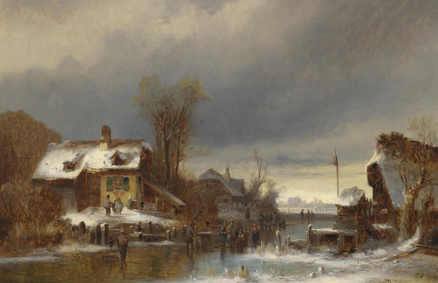 Hand-painted winter village pond with skaters and snow landscape oil painting on canvas