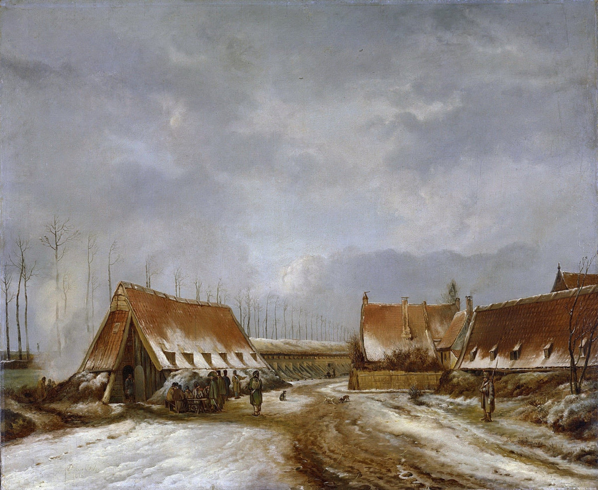 Landscape oil painting of a winter village with rustic farmhouses, textured brushwork, and oil on canvas details. - Add Frame, Canvas, Figure, Hand Painted, Landscape, Made To Order, Oil Painting, Road, Village, Winter