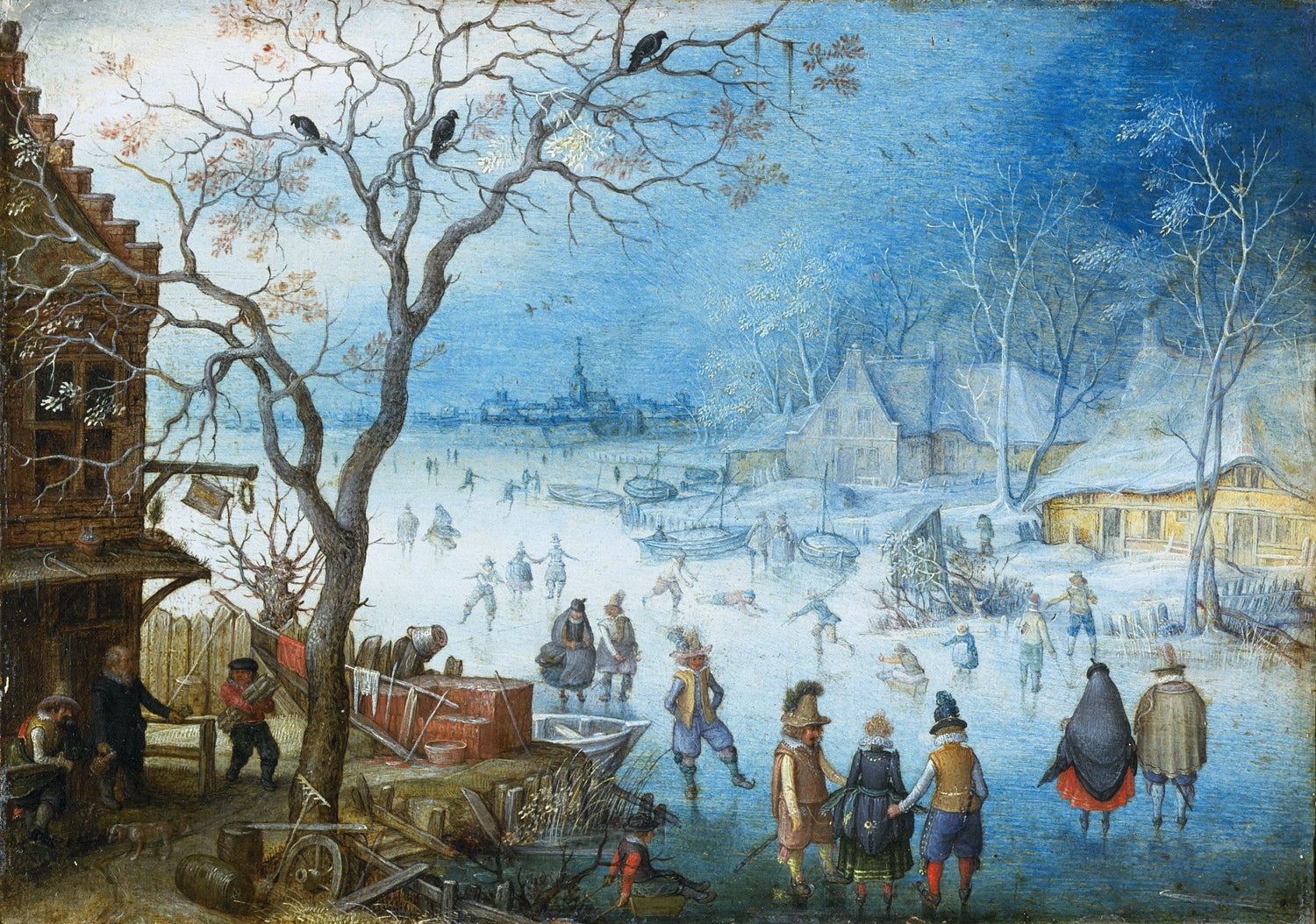 Hand-painted winter village skating on frozen river landscape oil painting on canvas