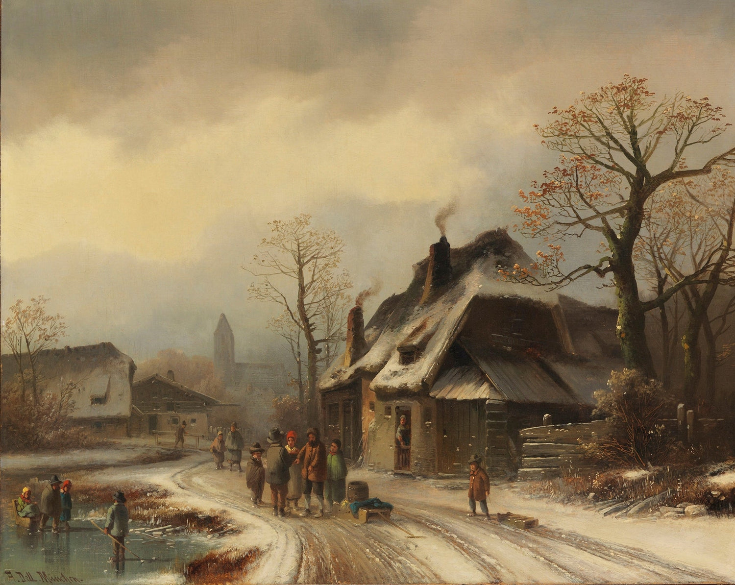 Hand-painted winter village with skaters and cottages landscape oil painting on canvas