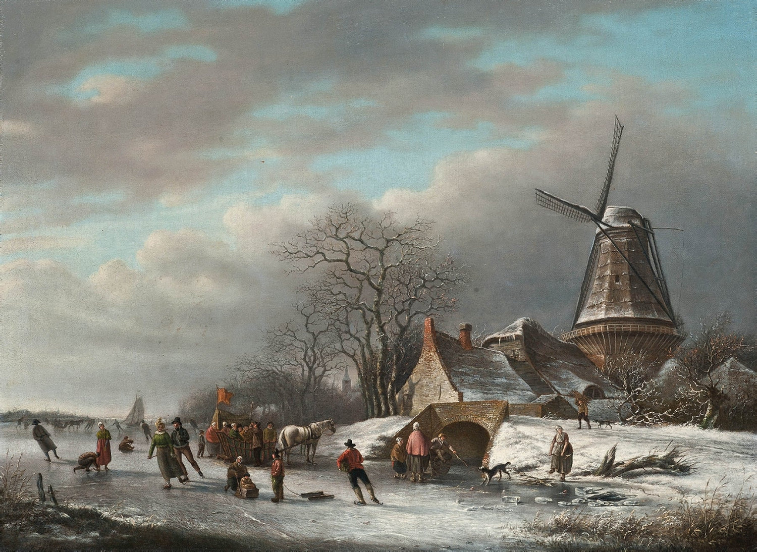 Hand-painted winter windmill and skaters scene landscape oil painting on canvas