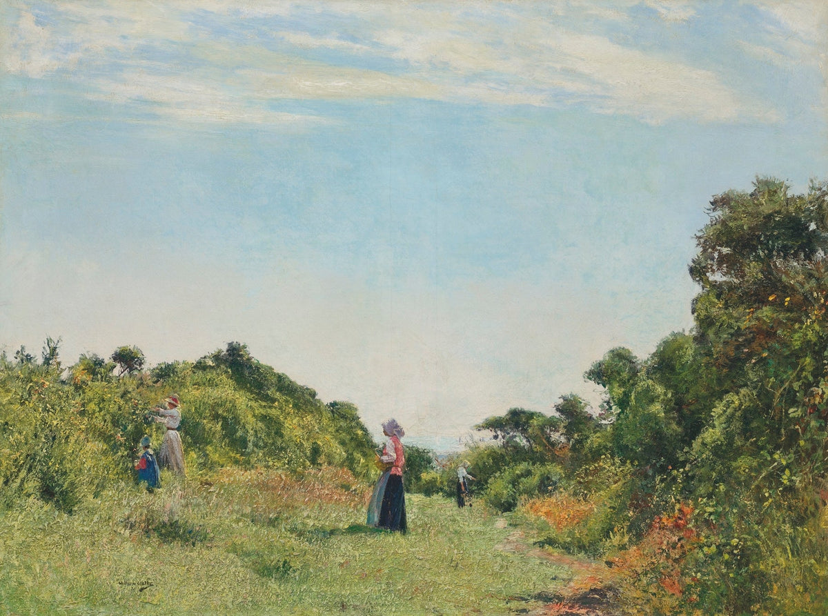 Hand-painted women gathering flowers in a summer lane landscape oil painting on canvas