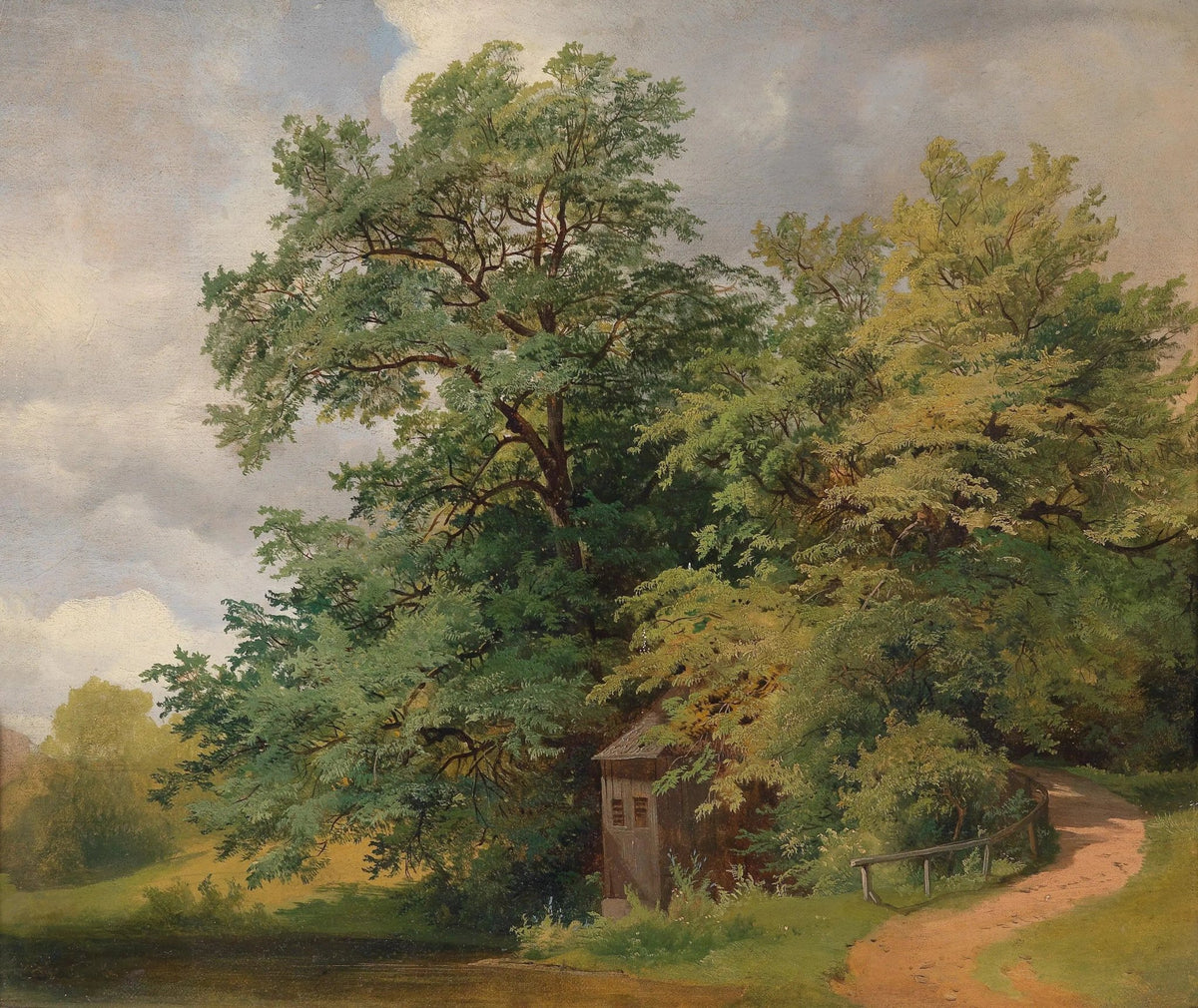 Landscape oil painting with textured brushwork showing a wooded area, rustic cabin, and winding path under a cloudy sky,. - Add Frame, Canvas, Cottage, Country, Forest, Hand Painted, Landscape, Made To Order, Oil Painting, Road