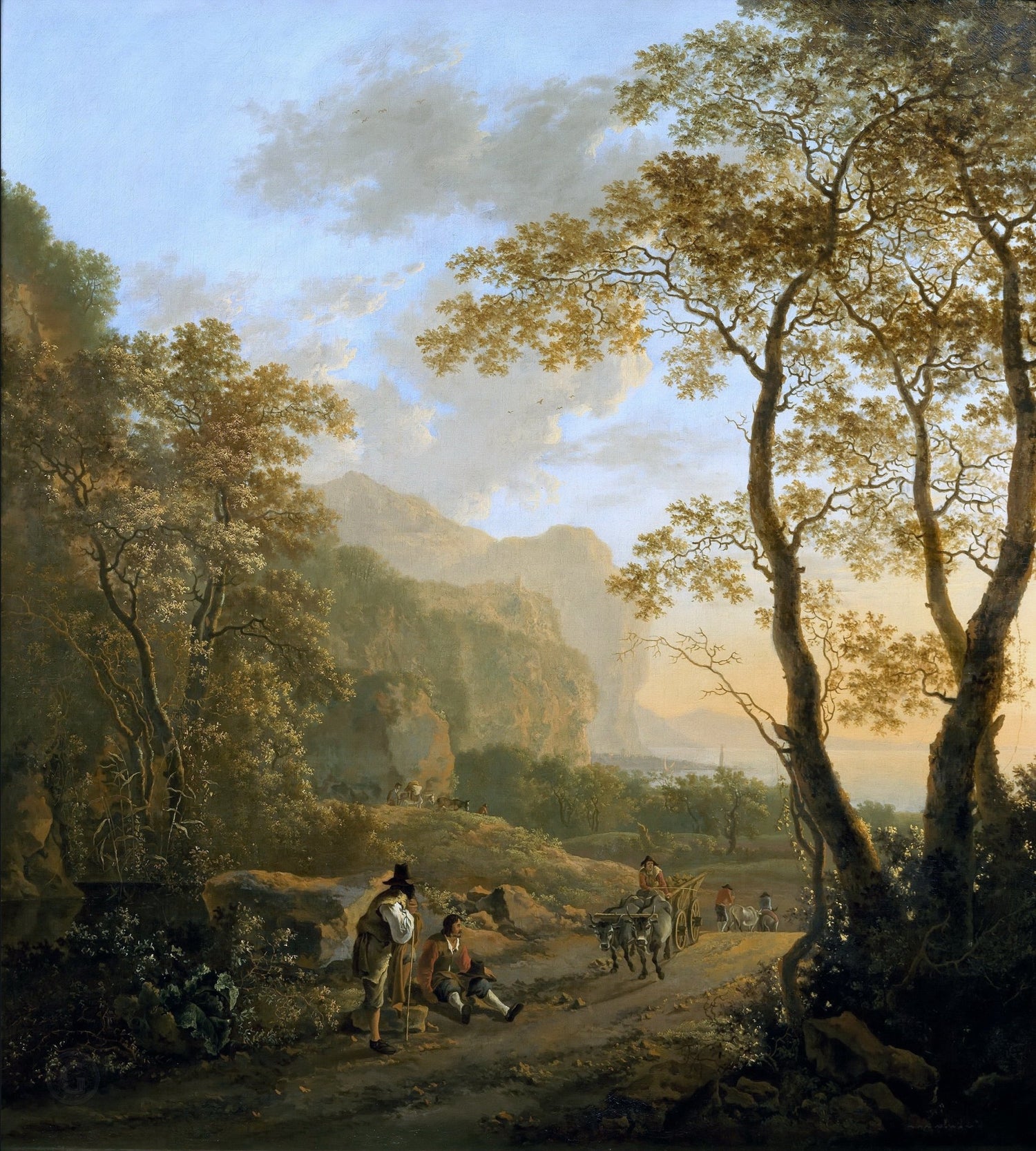 Hand-painted wooded coastal road with cart and figures landscape oil painting on canvas