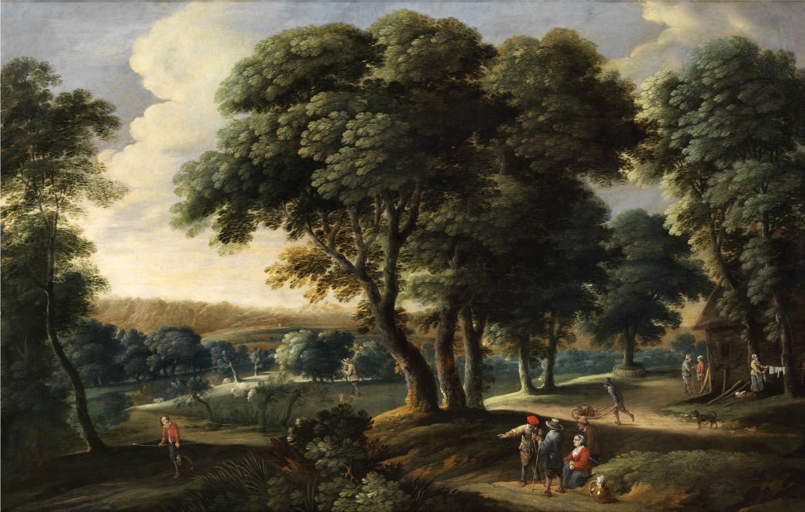 Hand-painted wooded countryside with figures landscape oil painting on canvas
