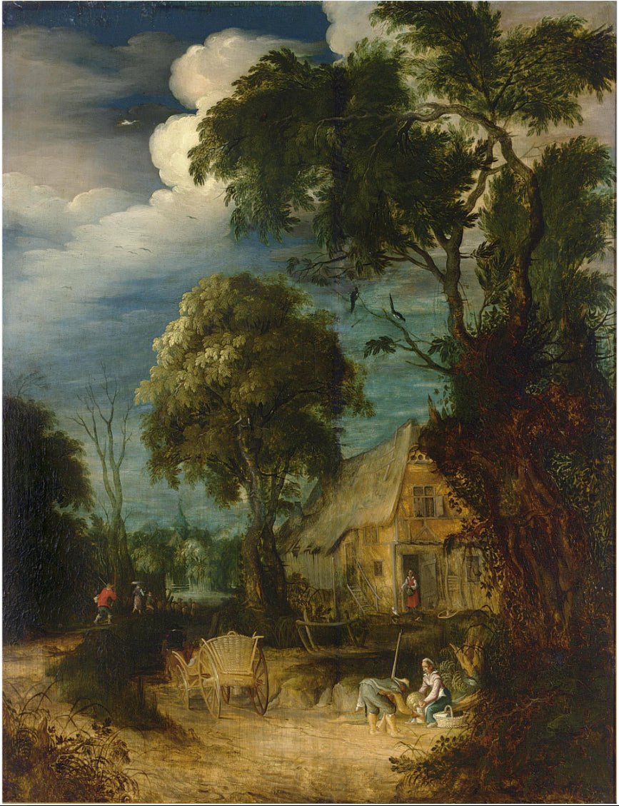 Hand-painted wooded farmhouse path with figures landscape oil painting on canvas