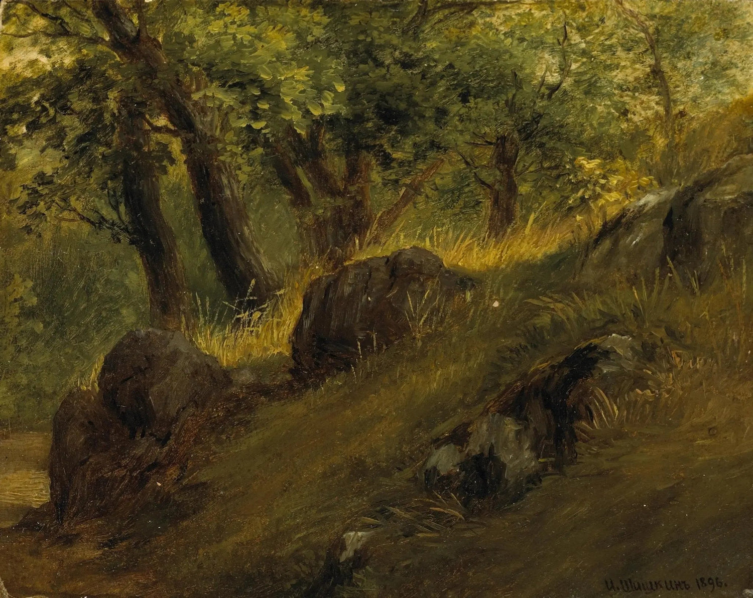 Hand painted landscape oil painting of a wooded hillside with large rocks, textured brushwork on canvas in muted greens and. - Add Frame, Canvas, Forest, Hand Painted, Landscape, Made To Order, Mountain, Oil Painting