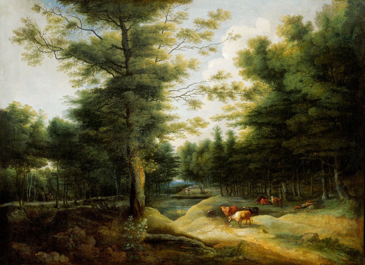 Hand-painted wooded landscape with resting cattle oil painting on canvas
