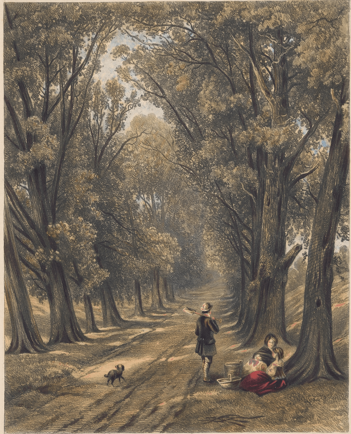 Hand-painted wooded path with figures under tall trees landscape oil painting on canvas