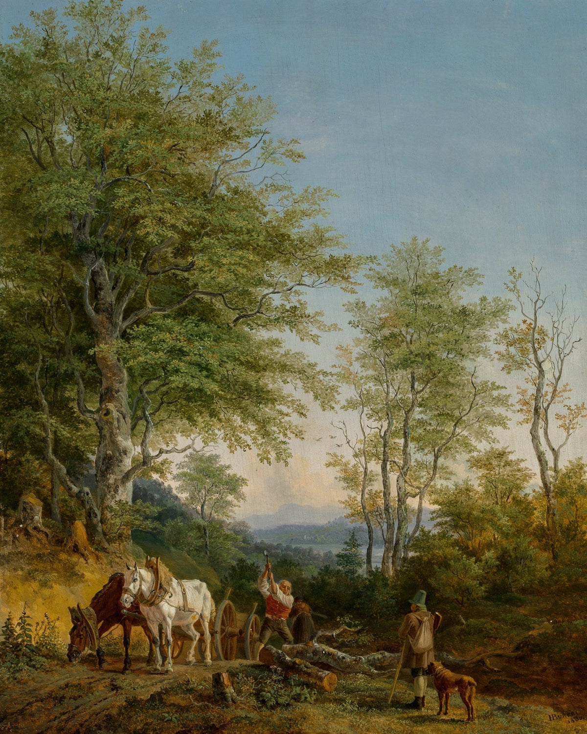 Hand-painted wooded path with horses and woodcutter landscape oil painting on canvas