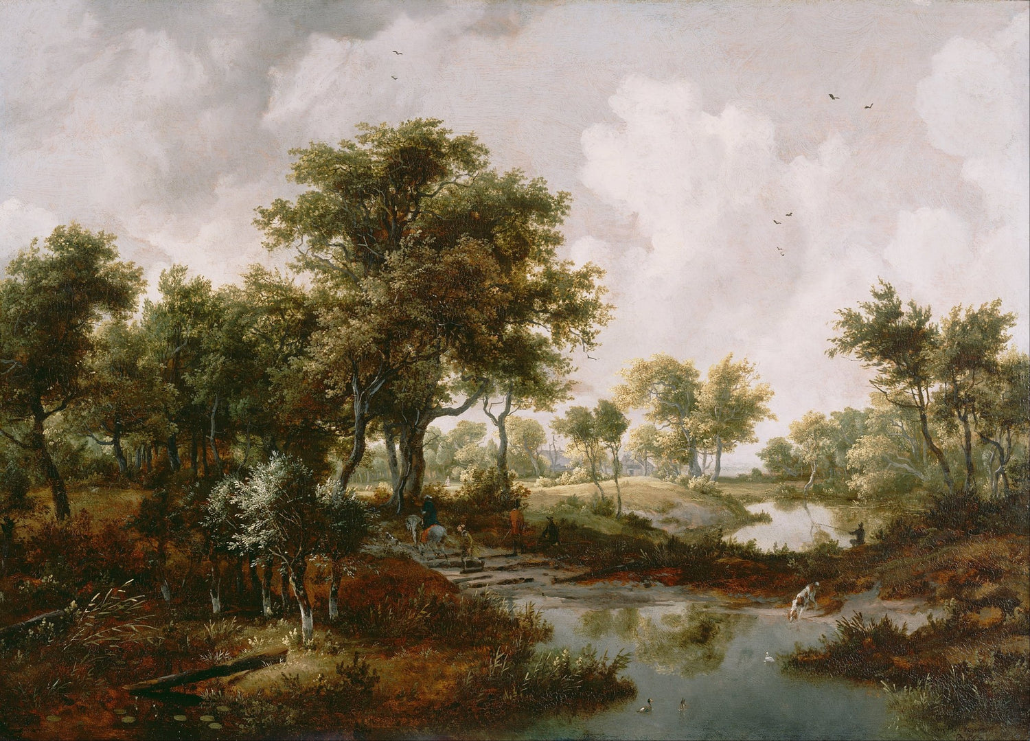 Hand-painted wooded river landscape under cloudy sky oil painting on canvas