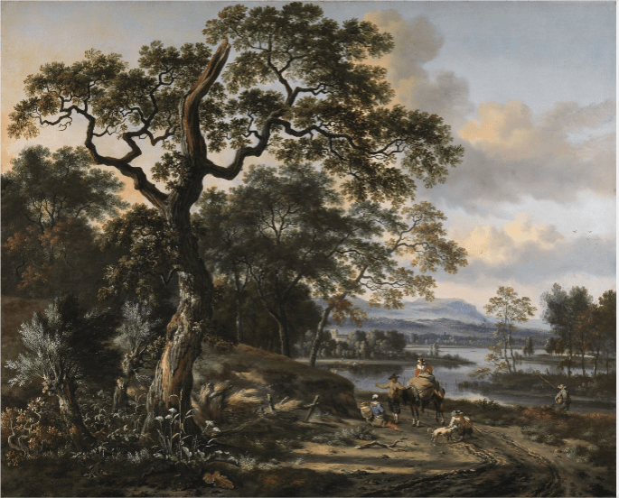 Hand-painted wooded river path with rider and hills landscape oil painting on canvas