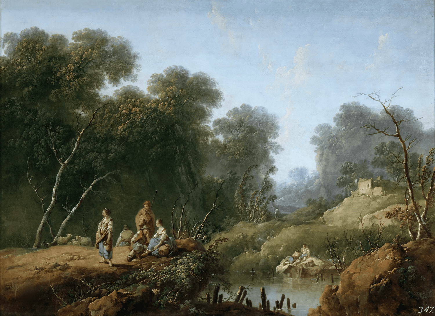 Hand-painted wooded river valley with figures landscape oil painting on canvas