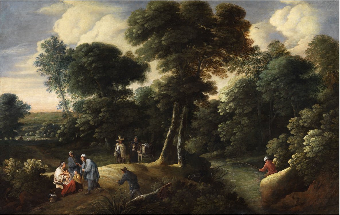 Hand-painted wooded riverbank with figures landscape oil painting on canvas