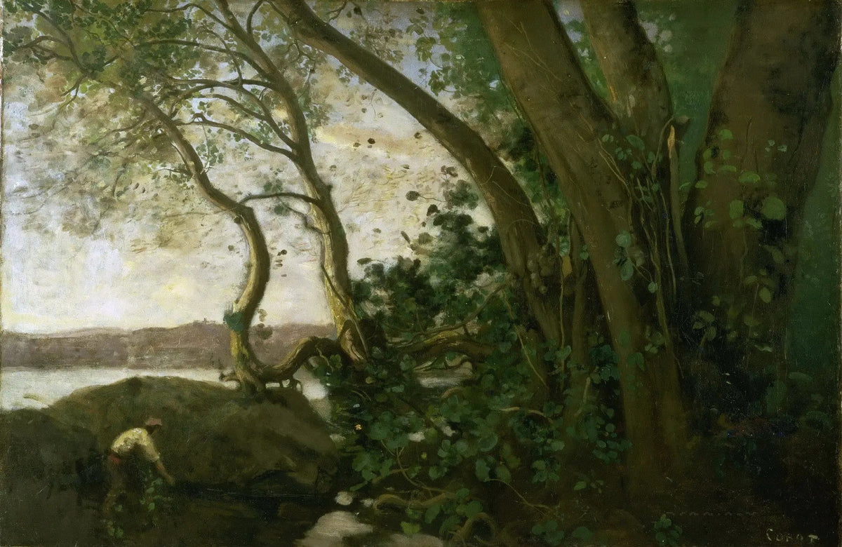 Landscape oil painting with a wooded riverside scene, a figure resting by the water, hand painted oil on canvas with. - Add Frame, Canvas, Figure, Hand Painted, Landscape, Made To Order, Oil Painting, River