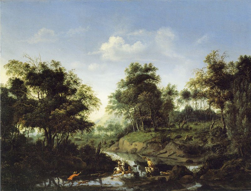 Hand-painted wooded stream with figures and bathers landscape oil painting on canvas