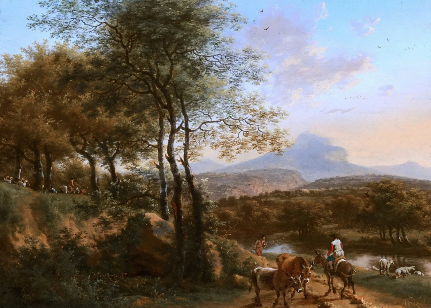 Hand painted landscape oil painting on canvas featuring a wooded valley with figures and cattle under a soft blue sky,. - Add Frame, Animal, Canvas, Country, Farm, Figure, Hand Painted, Landscape, Made To Order, Mountain, Oil Painting