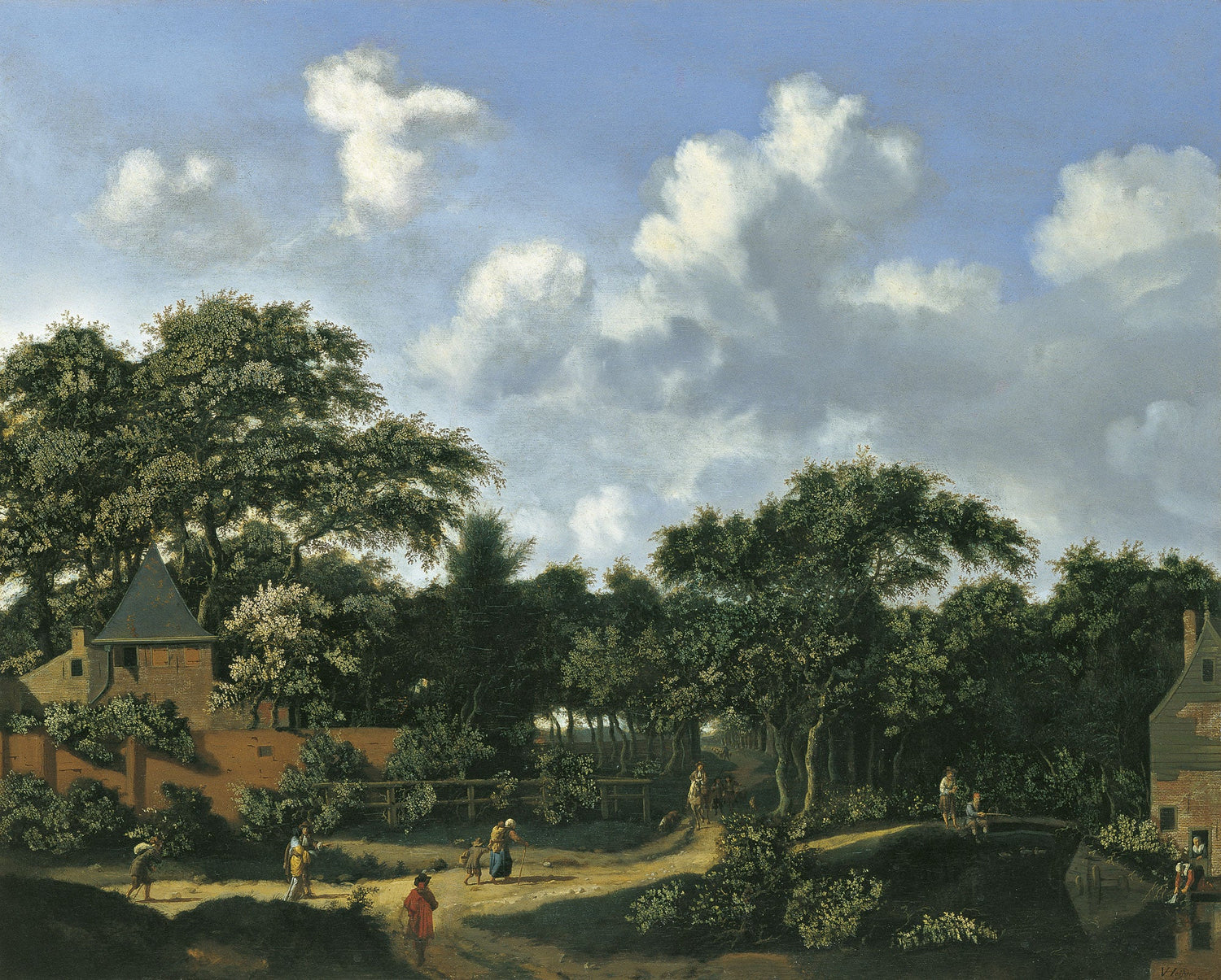 Hand-painted wooded village path under towering clouds landscape oil painting on canvas
