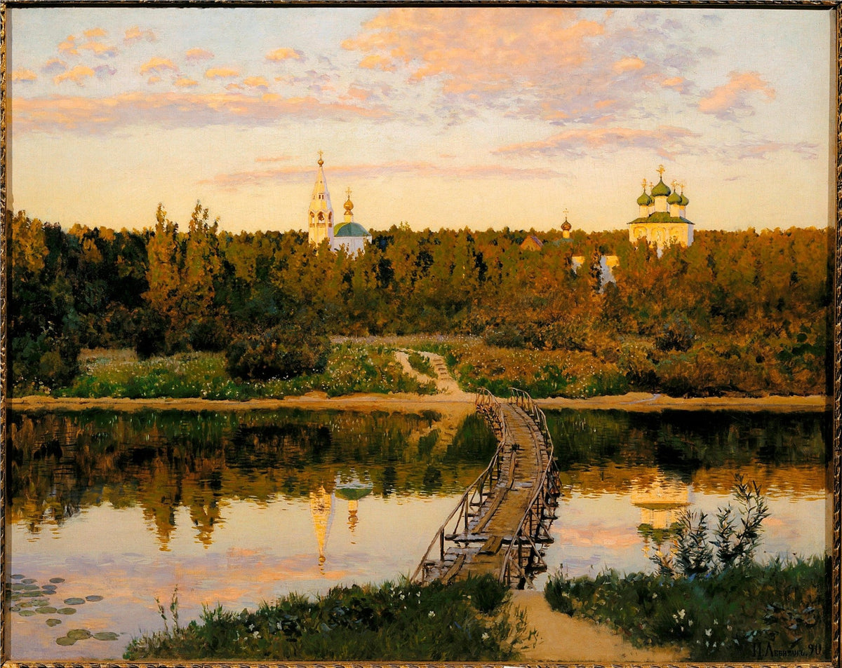 Landscape oil painting of a wooden bridge crossing a calm river with church towers in the distance, hand painted oil on. - Add Frame, Architecture, Canvas, Church, Hand Painted, Landscape, Made To Order, Oil Painting