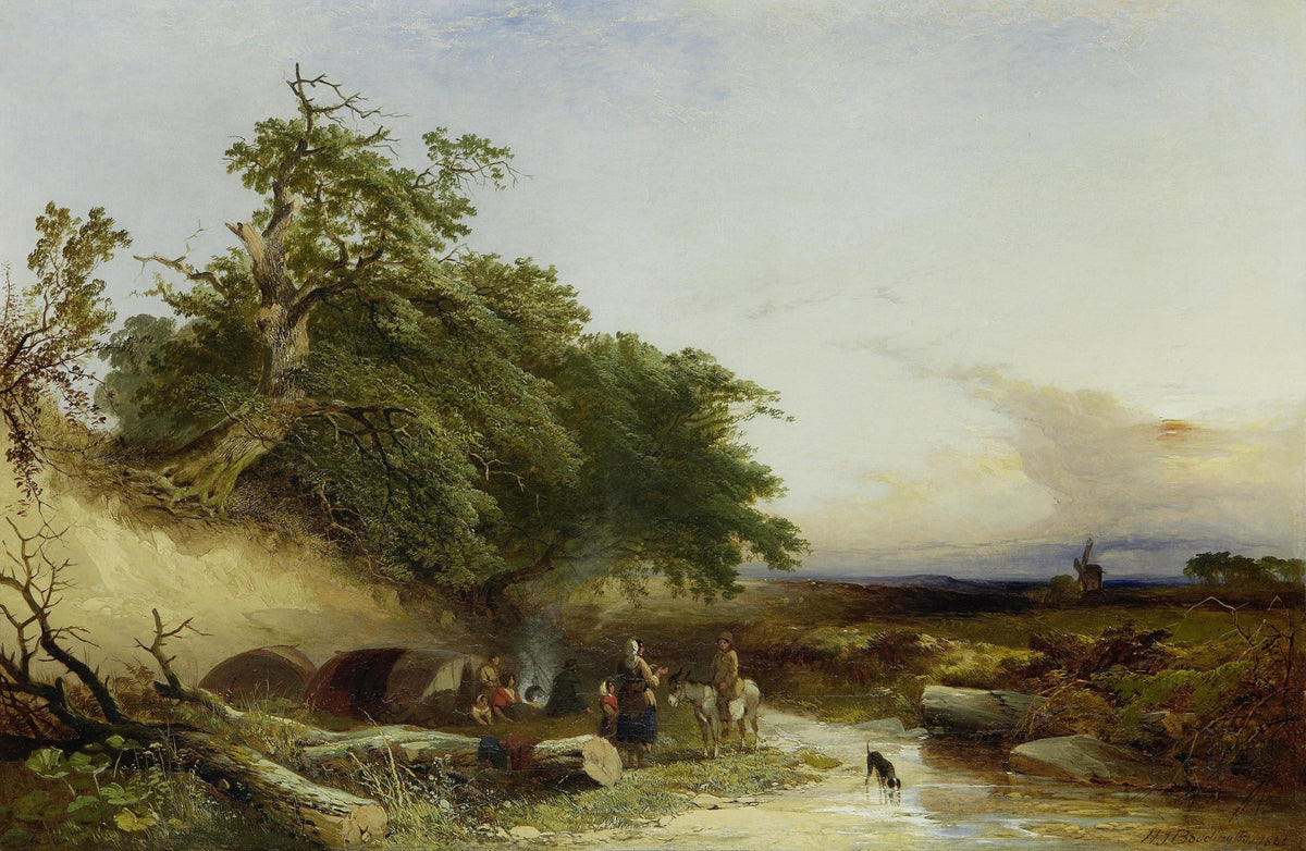 Hand-painted woodland camp by quiet stream landscape oil painting on canvas