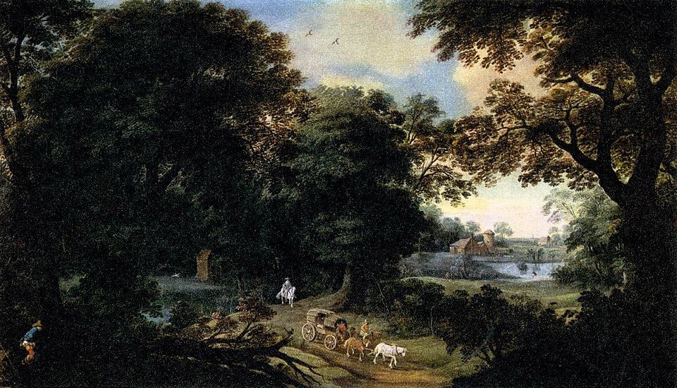 Hand-painted woodland carriage path at dusk landscape oil painting on canvas