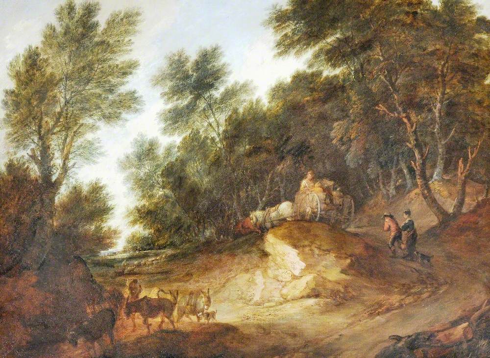 Hand-painted woodland cart path with figures landscape oil painting on canvas