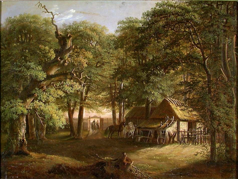 Hand-painted woodland cottage with horses and path landscape oil painting on canvas