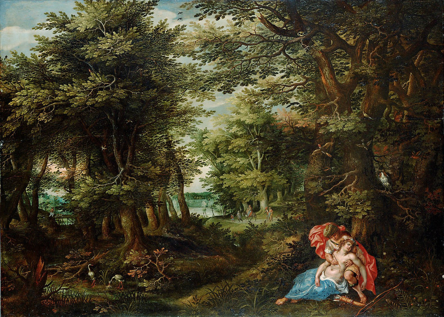 Hand-painted woodland glade with classical figures landscape oil painting on canvas