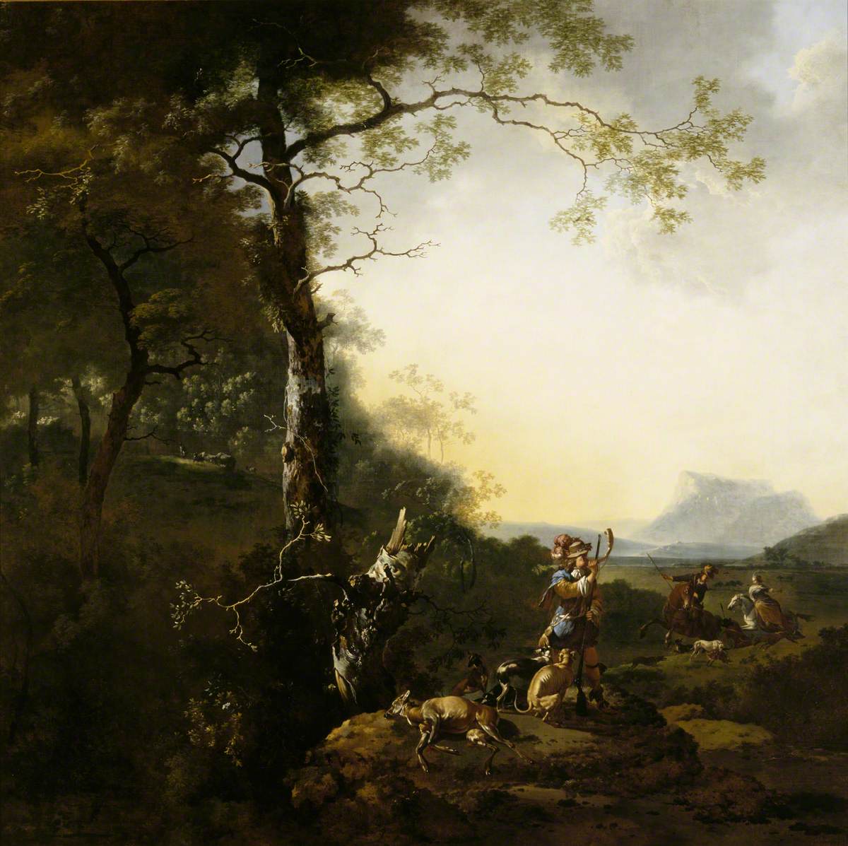 Hand-painted woodland hunters at bright valley edge landscape oil painting on canvas