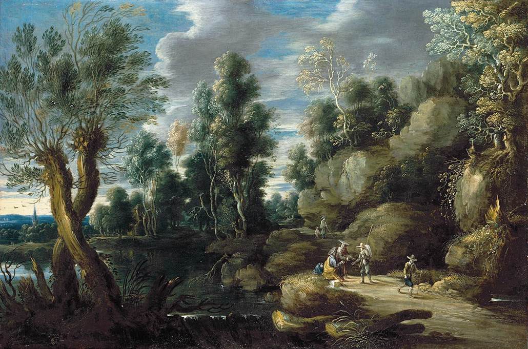 Hand-painted woodland lake path with travelers landscape oil painting on canvas