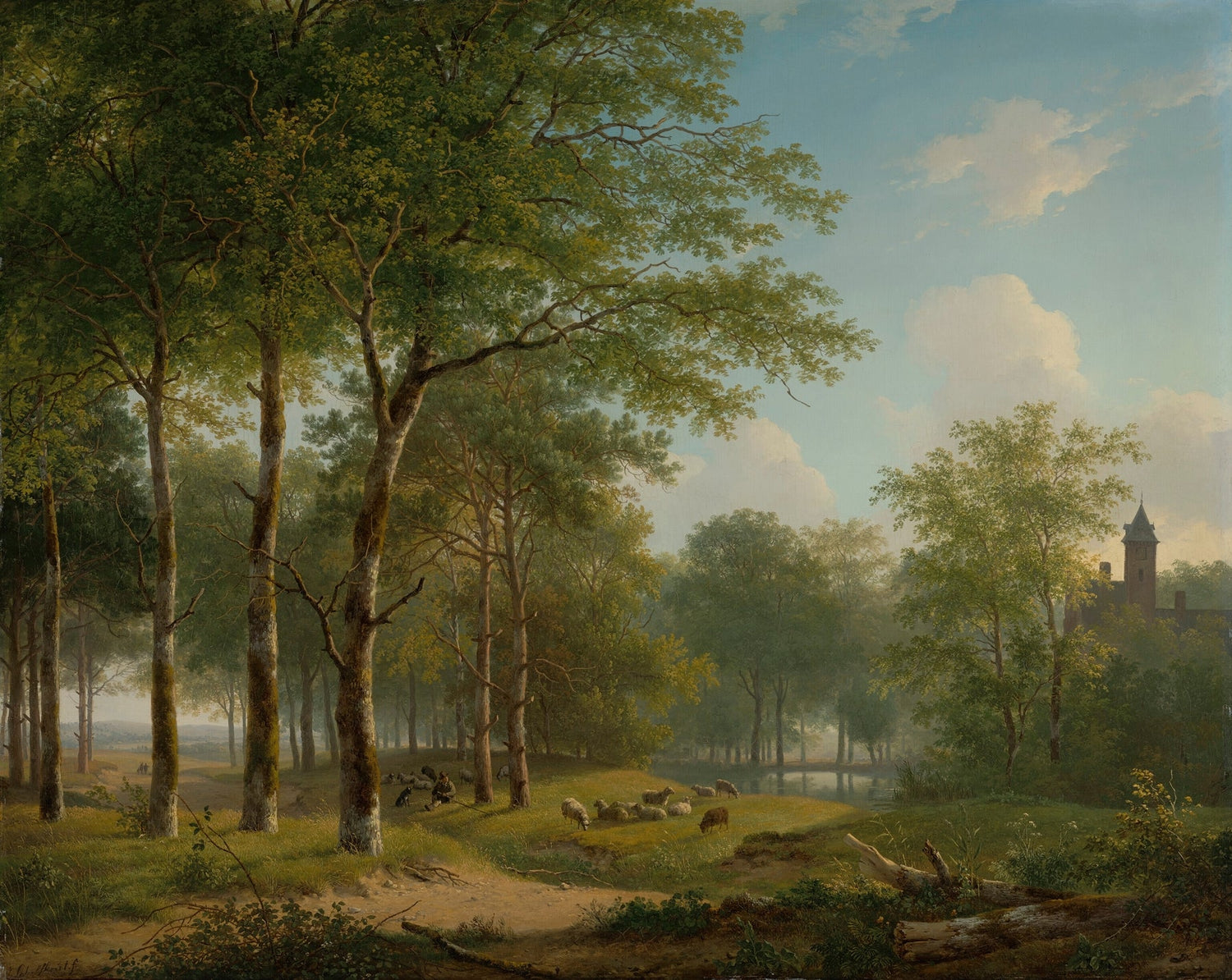 Hand-painted woodland meadow, sheep and castle view landscape oil painting on canvas