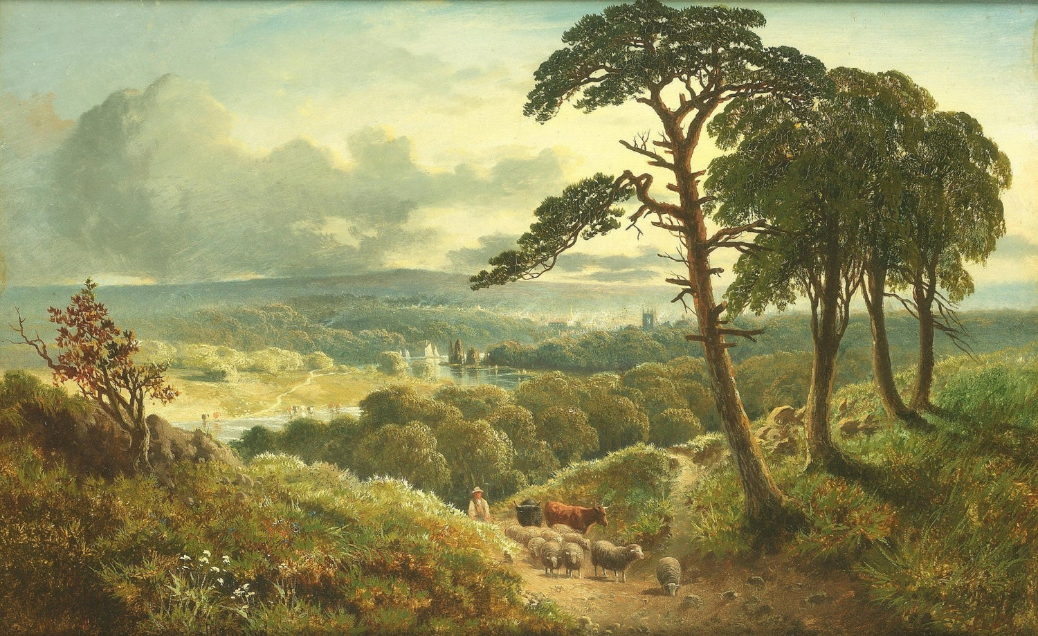 Landscape Oil Painting - Woodland Pasture, Herd & Distant Valley Scenery - Oil Painting Haven