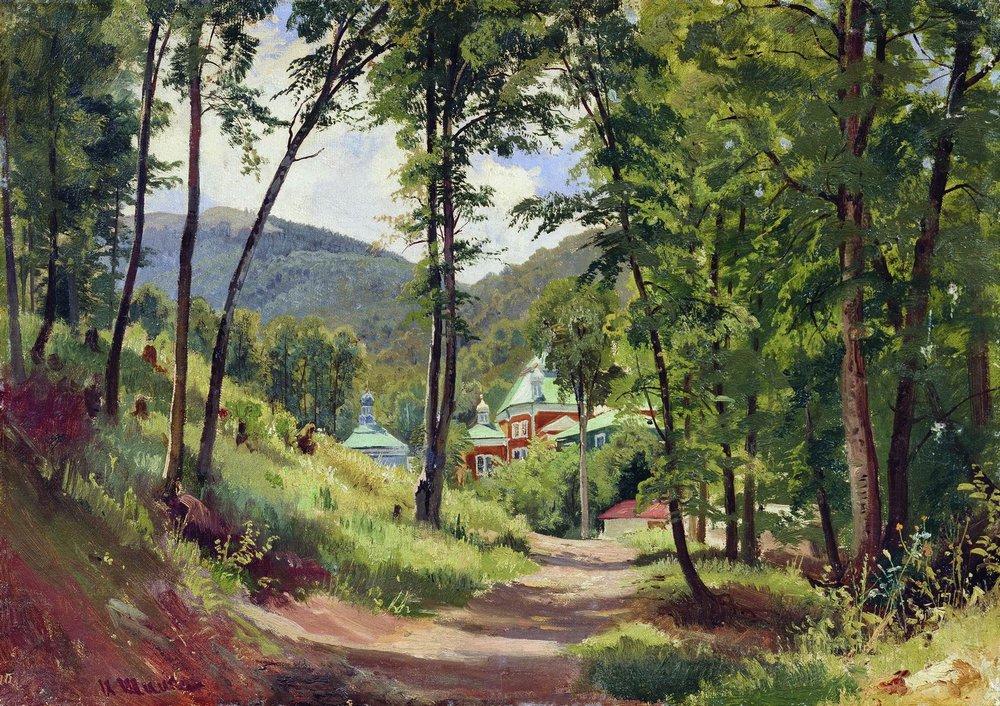 Hand-painted woodland path and mountain villa landscape oil painting on canvas