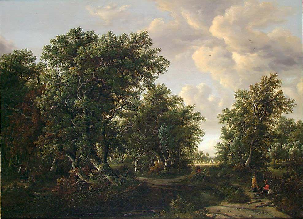 Hand-painted woodland path and quiet stream landscape oil painting on canvas