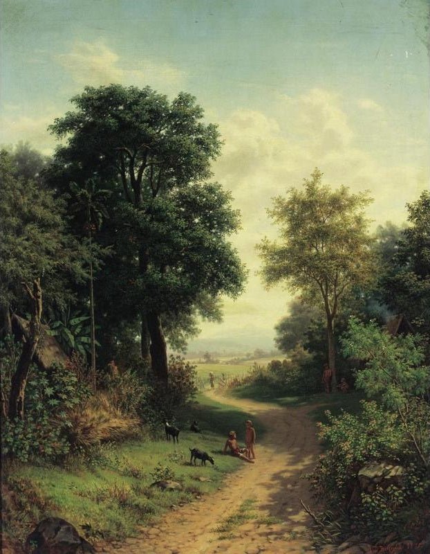 Hand-painted woodland path with children and goats landscape oil painting on canvas