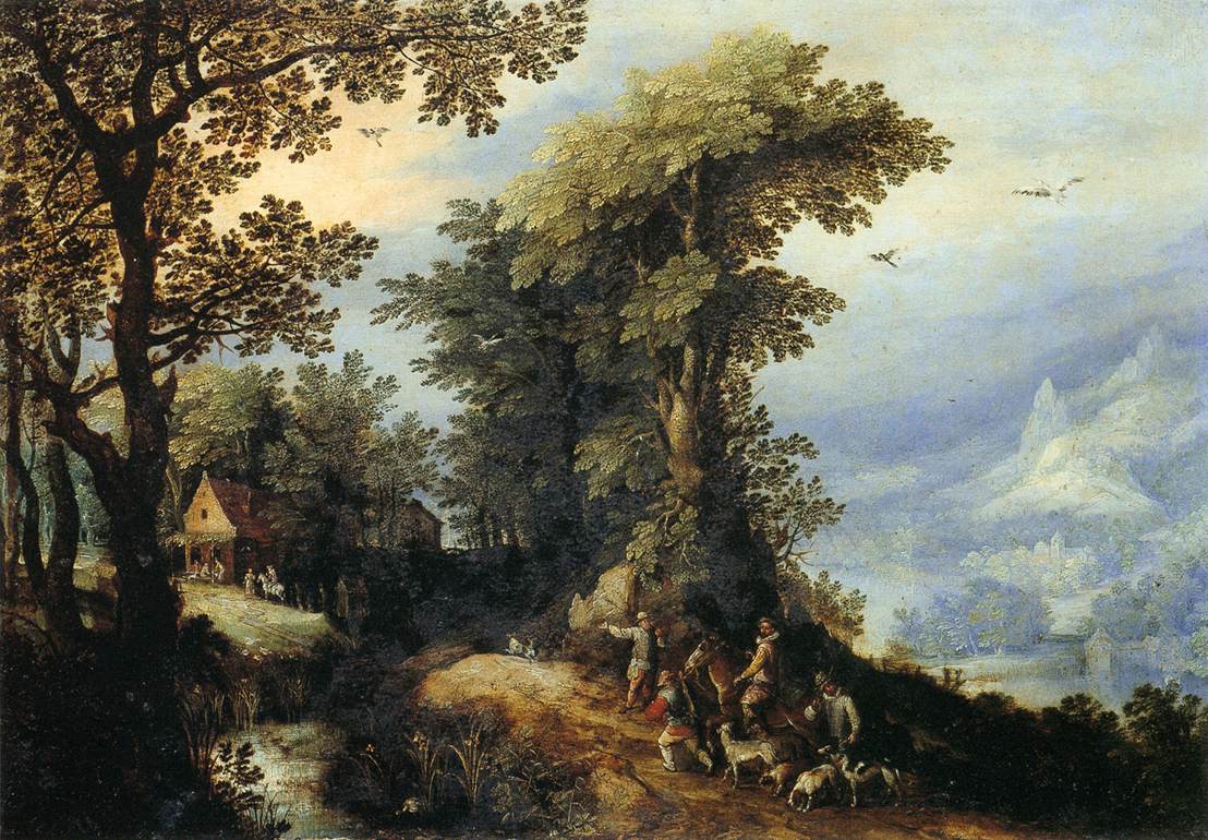 Hand-painted woodland path with figures and cottage landscape oil painting on canvas